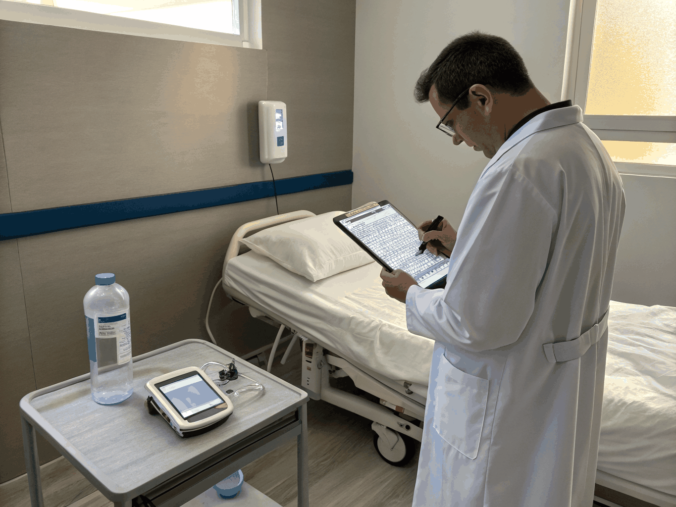 Clinical staff reviewing patient management software on a tablet